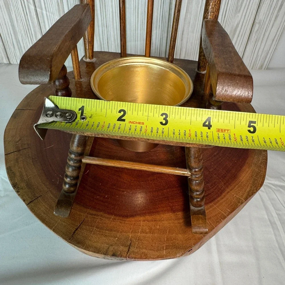 Vintage Miniature Wooden Rocking Potty Chair with Brass Insert Decor Planter